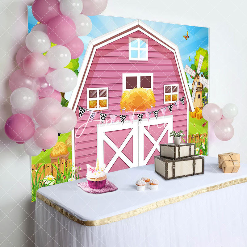 Aperturee - Aperturee Rural Pink Barn Door Farm Happy Birthday Backdrop