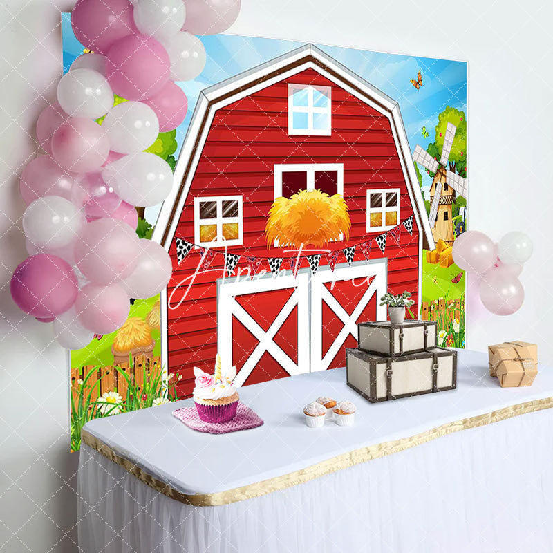 Aperturee - Aperturee Rural Red Barn Door Farm Happy Birthday Backdrop