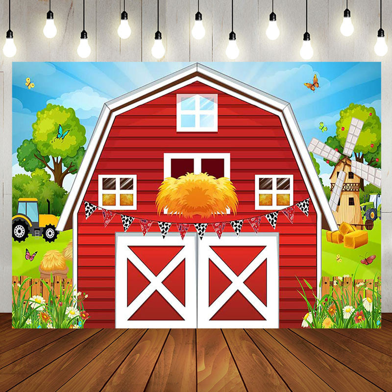 Aperturee - Aperturee Rural Red Barn Door Farm Happy Birthday Backdrop