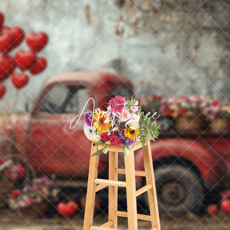 Aperturee - Aperturee Rural Red Retro Truck Floral Valentines Day Backdrop