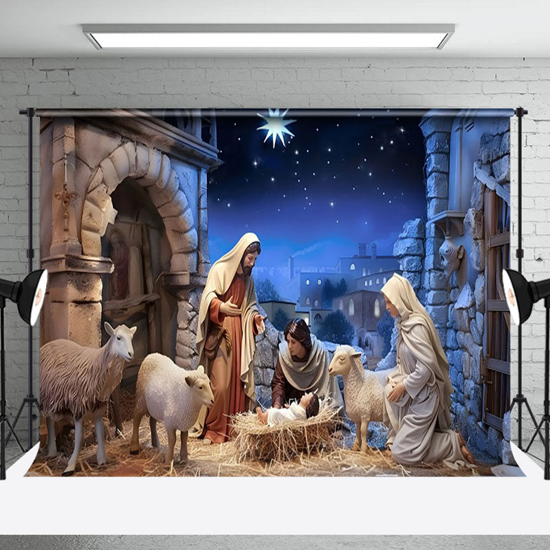 Aperturee - Aperturee Rural Shed Twinkle Night Nativity Christmas Backdrop