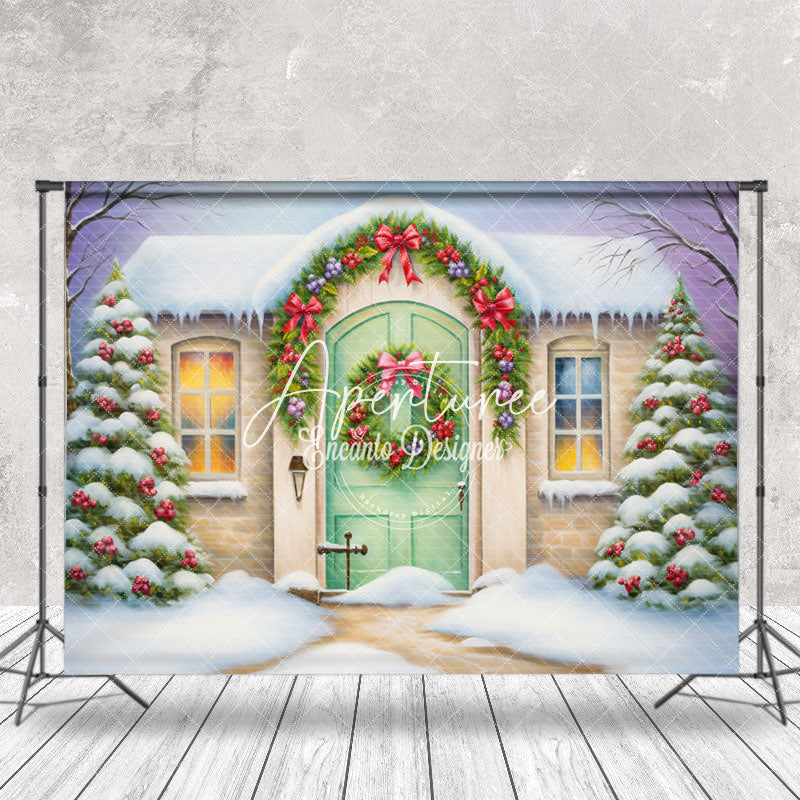 Aperturee - Aperturee Rural Snowy House Xmas Tree Christmas Photo Backdrop