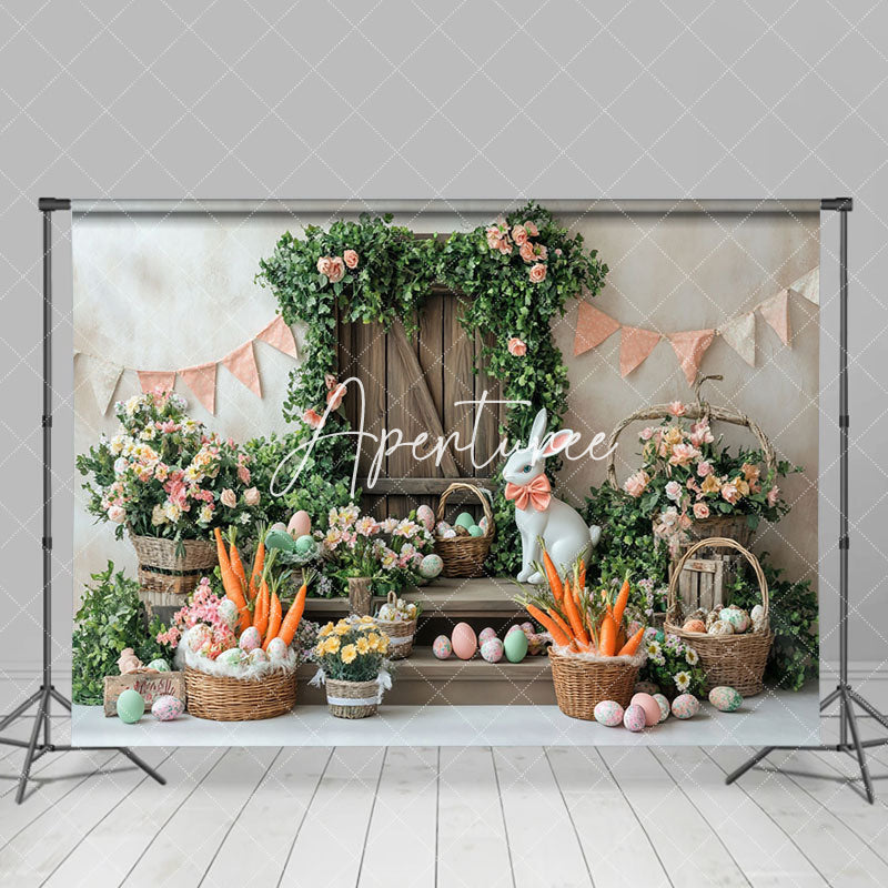 Aperturee - Aperturee Rural Wall Greenry Floral Bunny Eggs Easter Backdrop