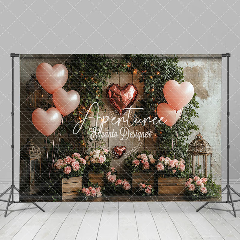 Aperturee - Aperturee Rural Wood Wall Greenery Pink Floral Balloon Backdrop