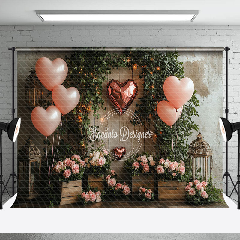 Aperturee - Aperturee Rural Wood Wall Greenery Pink Floral Balloon Backdrop