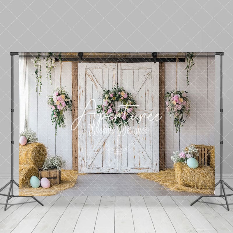 Aperturee - Aperturee Rustic Farmhouse Door Floral Wreaths Easter Backdrop