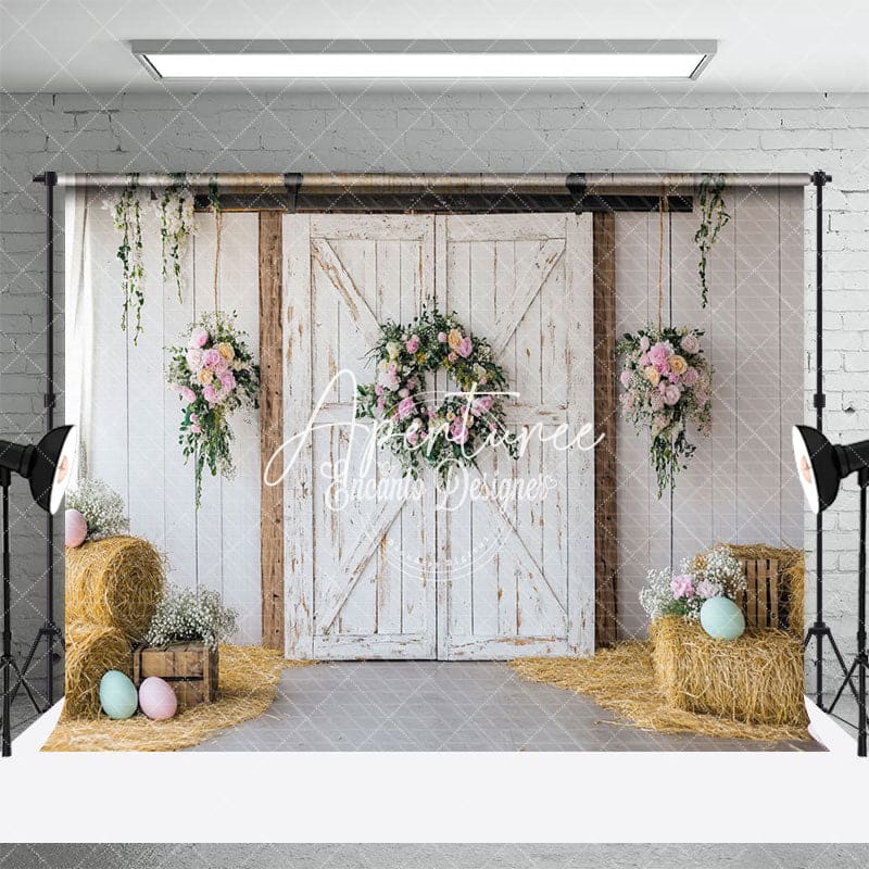 Aperturee - Aperturee Rustic Farmhouse Door Floral Wreaths Easter Backdrop