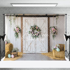 Aperturee - Aperturee Rustic Farmhouse Door Floral Wreaths Easter Backdrop