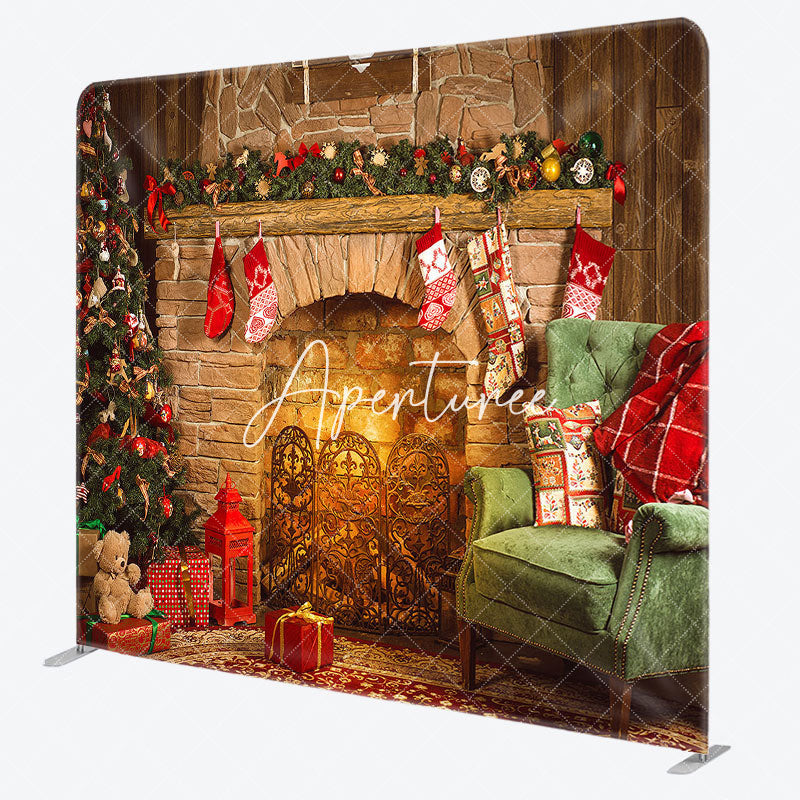 Aperturee - Aperturee Rustic Fireplace Christmas Tension Fabric Backdrop