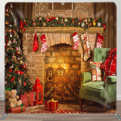 Aperturee - Aperturee Rustic Fireplace Christmas Tension Fabric Backdrop