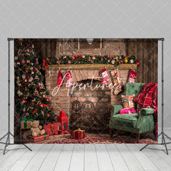 Aperturee - Aperturee Rustic Fireplace Tree Sofa Christmas Vibe Backdrop