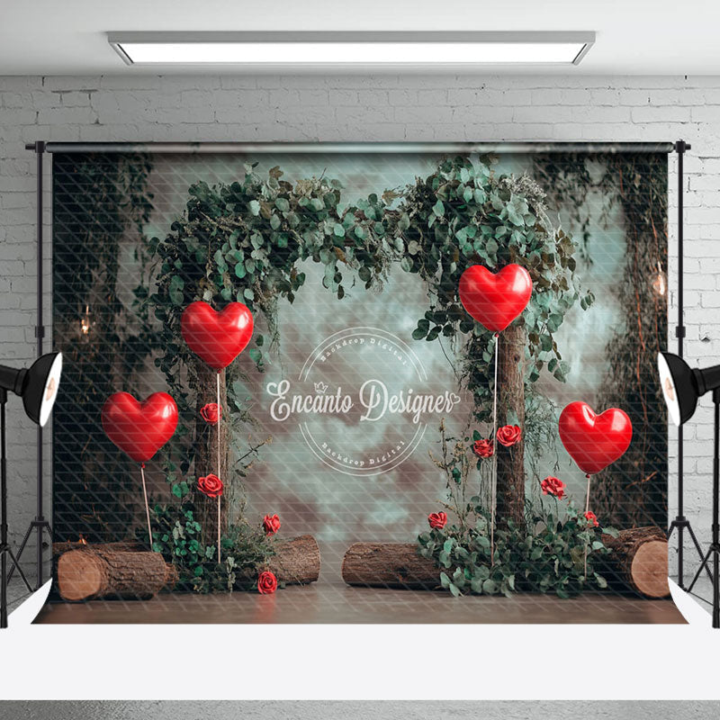 Aperturee - Aperturee Rustic Greenery Red Love Balloon Tree Stump Backdrop