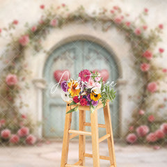 Aperturee - Aperturee Rustic Retro Door Pink Floral Valentines Day Backdrop