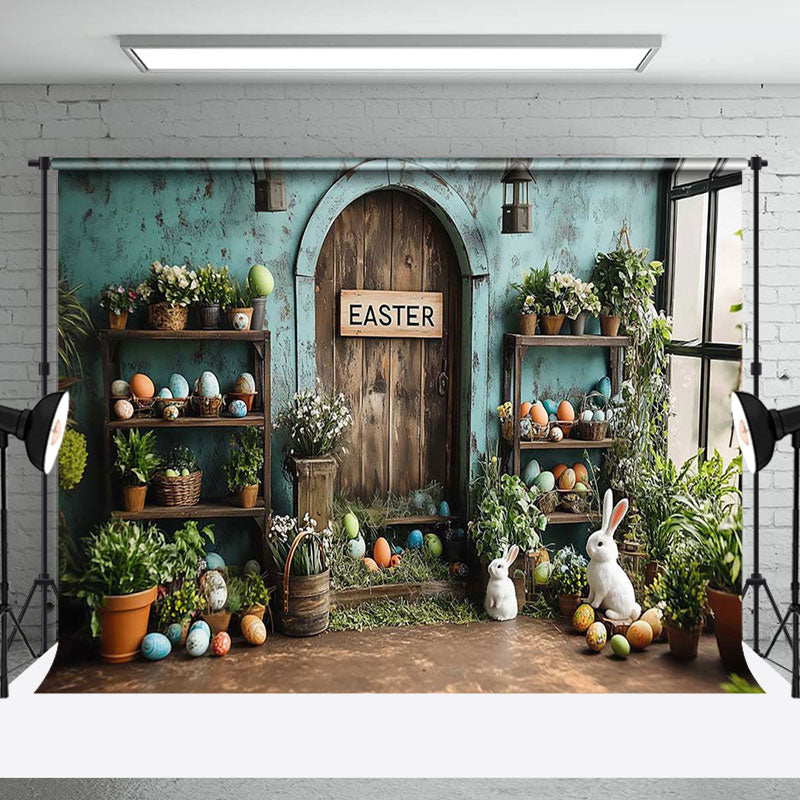 Aperturee - Aperturee Rustic Retro Teal Wall Eggs Bunny Easter Backdrop