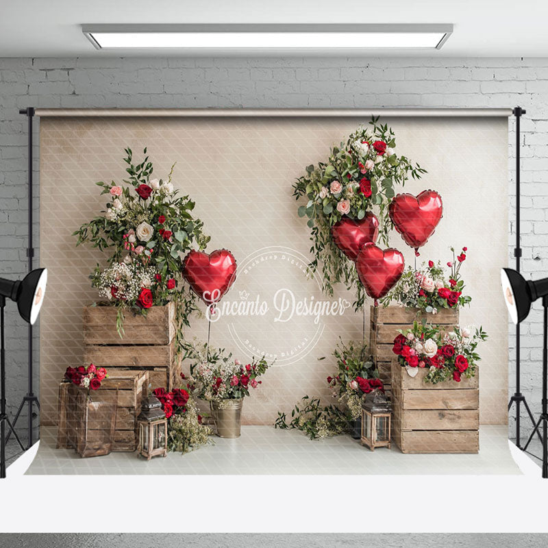 Aperturee - Aperturee Rustic Retro Wood Flowerpot Red Balloons Backdrop