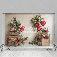 Aperturee - Aperturee Rustic Retro Wood Flowerpot Red Balloons Backdrop