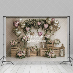 Aperturee - Aperturee Rustic Simple Balloons Floral Valentines Day Backdrop