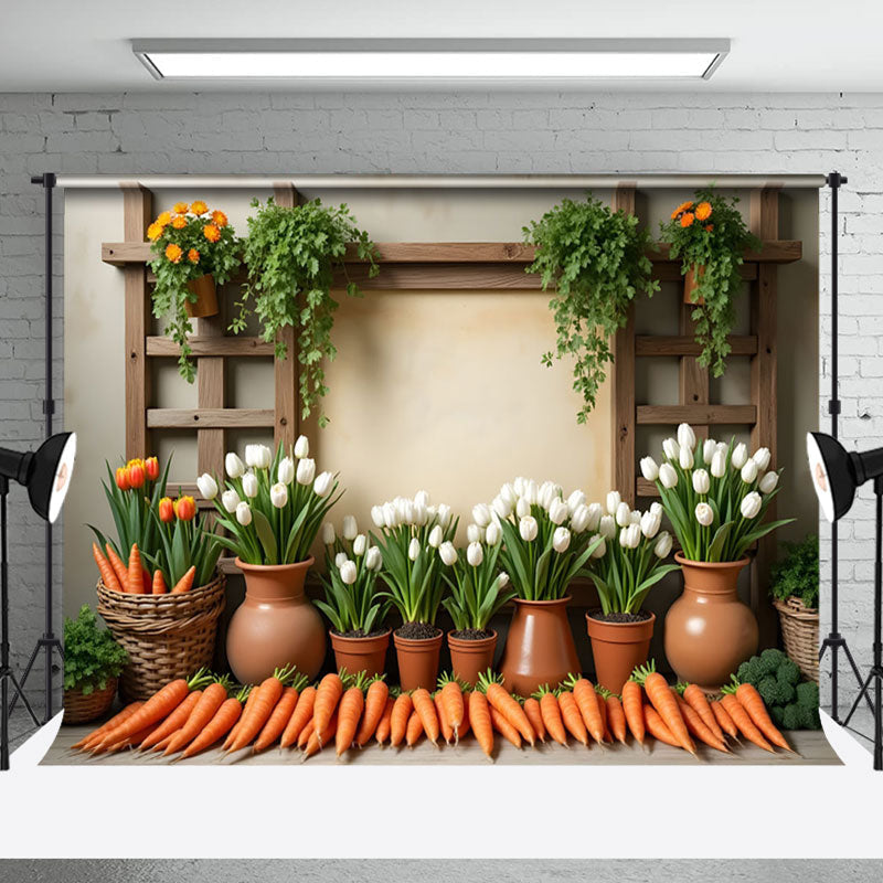 Aperturee - Aperturee Rustic Spring Greenery Carrots Floral Photo Backdrop