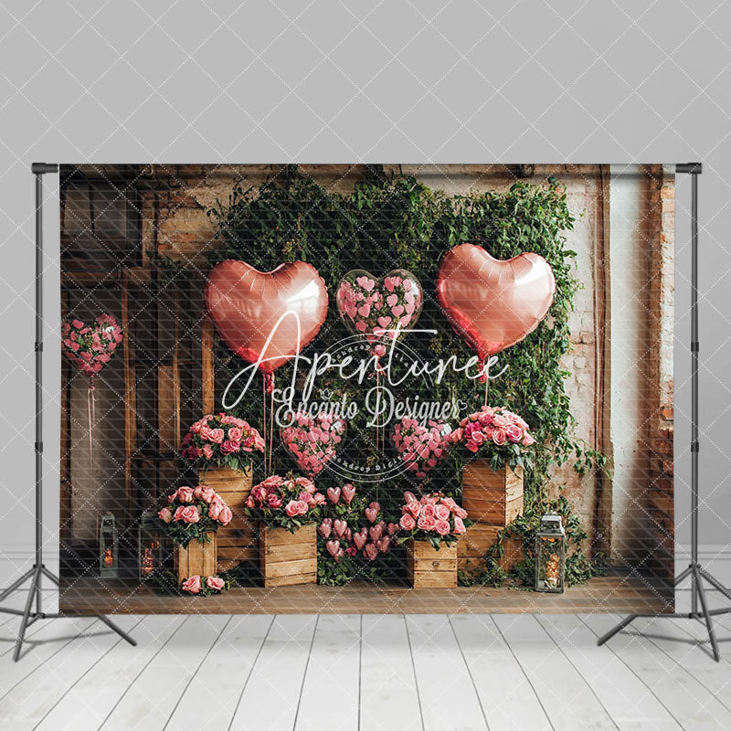 Aperturee - Aperturee Rustic Wall Greenery Pink Floral Balloons Backdrop