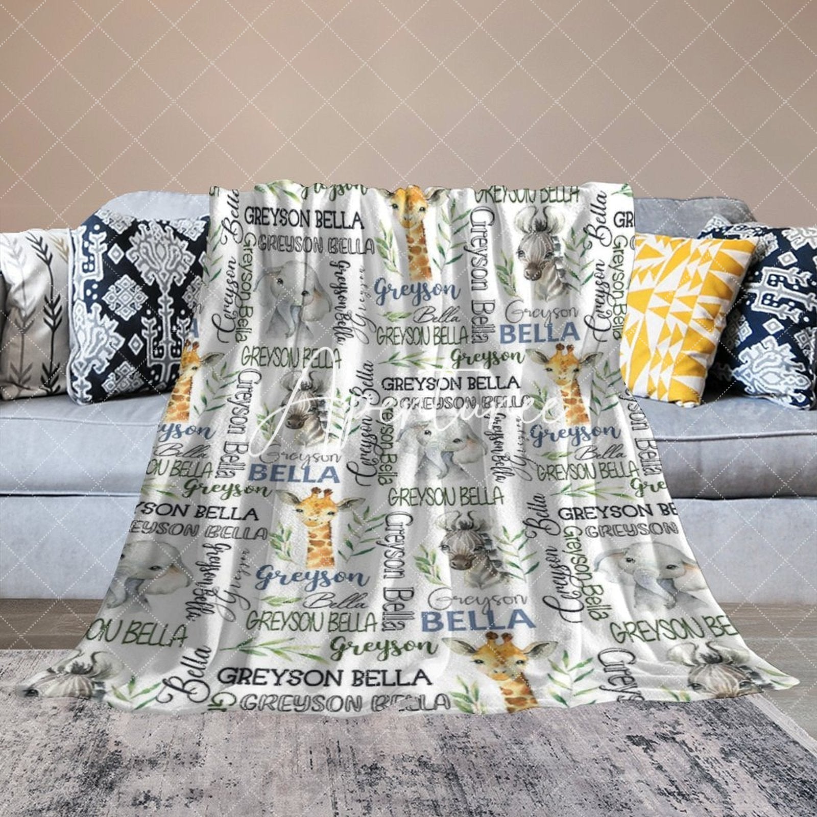 Aperturee - Aperturee Safari Animals Different Fonts Custom Name Blanket