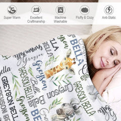 Aperturee - Aperturee Safari Animals Different Fonts Custom Name Blanket