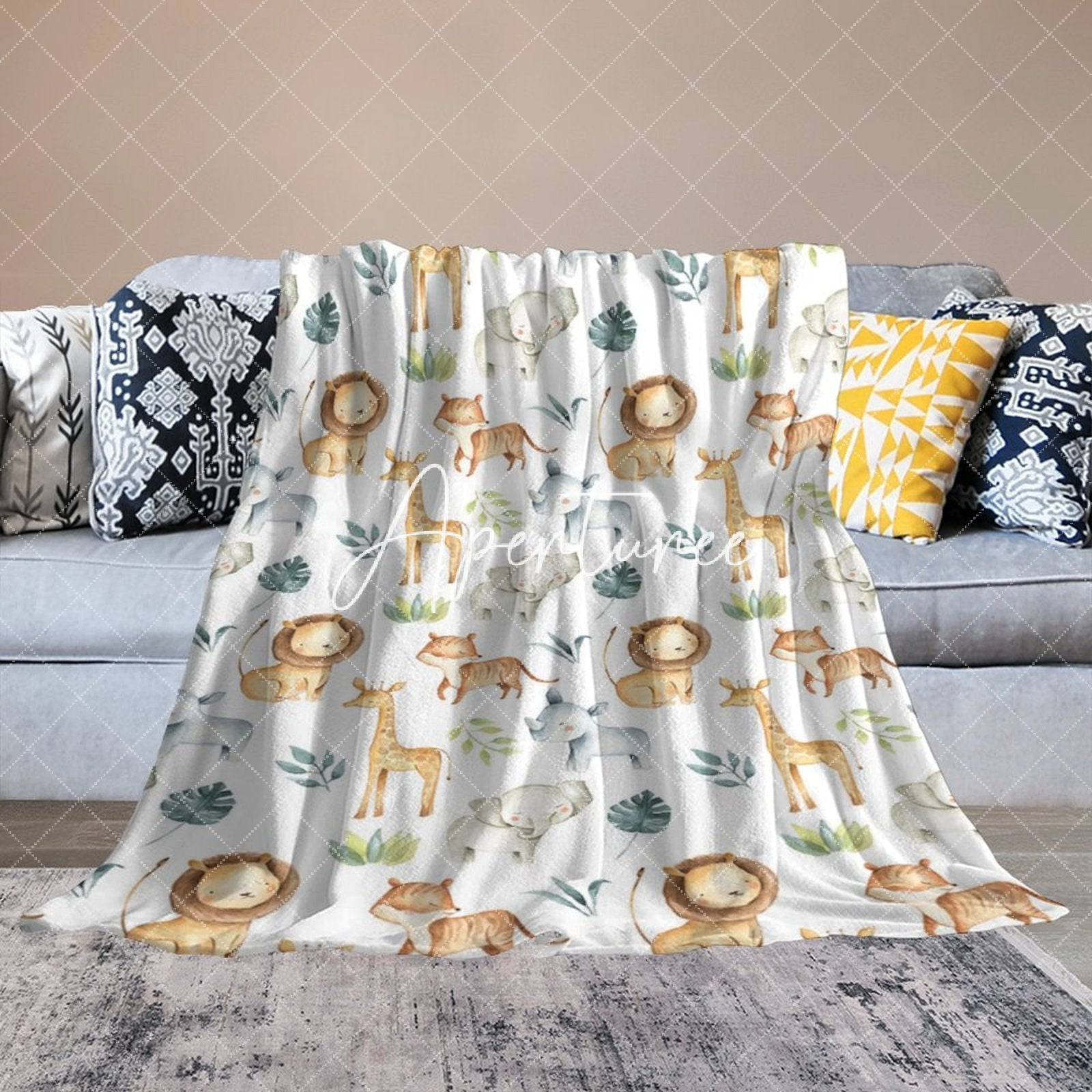 Aperturee - Aperturee Safari Animals Jungle Leaves Custom Name Blanket