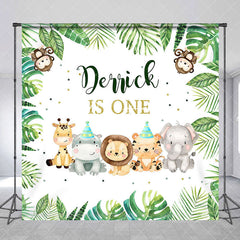 Aperturee - Aperturee Safari Animals Monstera Custom 1st Birthday Backdrop