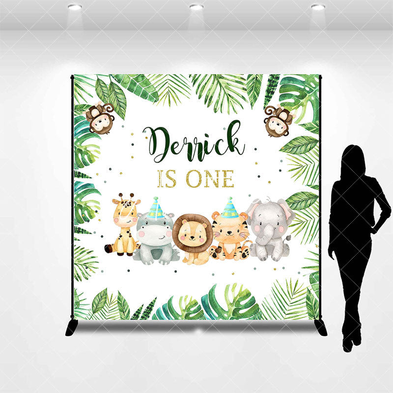 Aperturee - Aperturee Safari Animals Monstera Custom 1st Birthday Backdrop