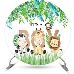 Aperturee - Aperturee Safari Animals Monstera Round Baby Shower Backdrop