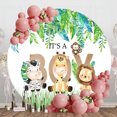 Aperturee - Aperturee Safari Animals Monstera Round Baby Shower Backdrop