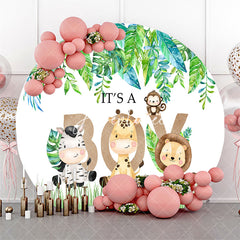 Aperturee - Aperturee Safari Animals Monstera Round Baby Shower Backdrop