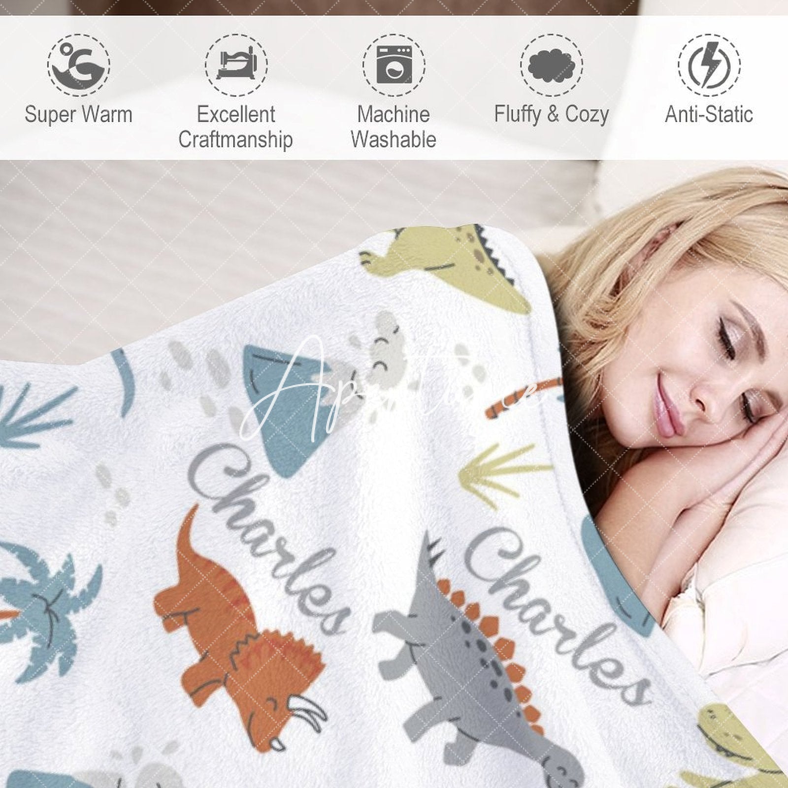 Aperturee - Aperturee Safari Dinosaurs Trees White Custom Name Blanket