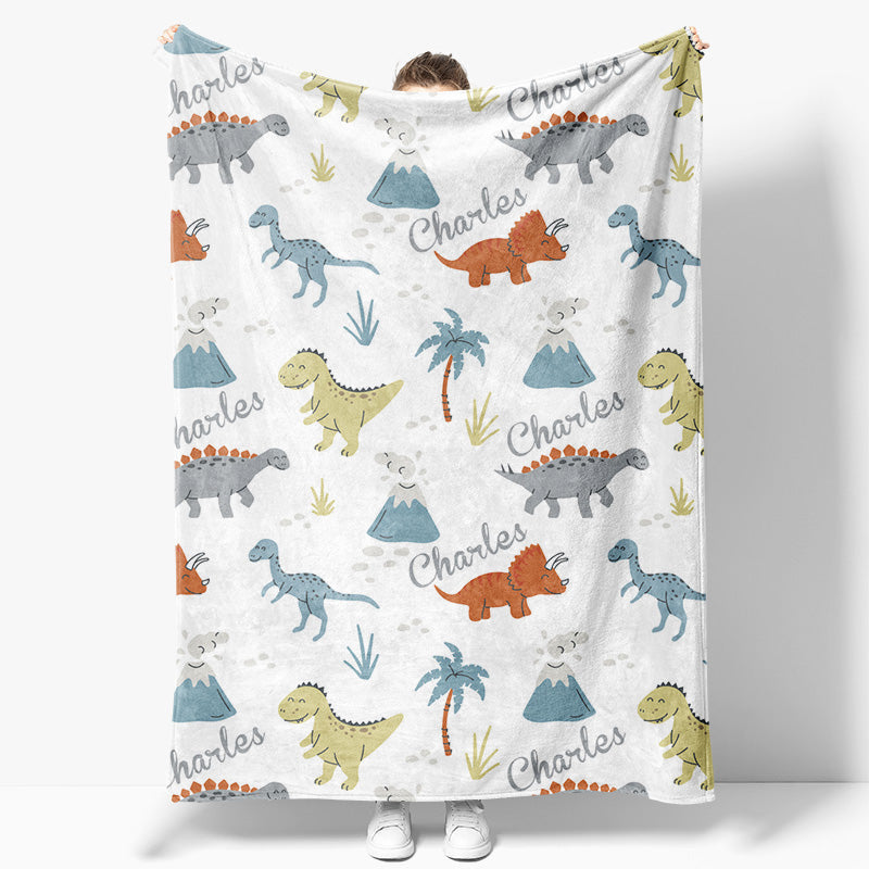 Aperturee - Aperturee Safari Dinosaurs Trees White Custom Name Blanket