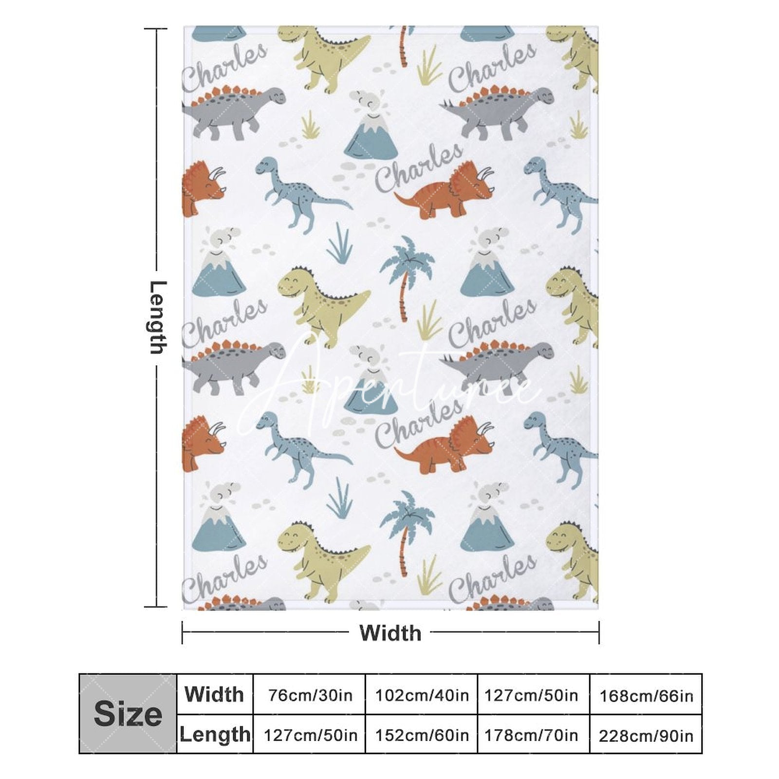 Aperturee - Aperturee Safari Dinosaurs Trees White Custom Name Blanket