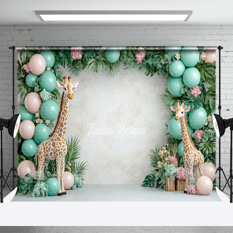 Aperturee - Aperturee Safari Giraffe Green Balloons Cake Smash Backdrop