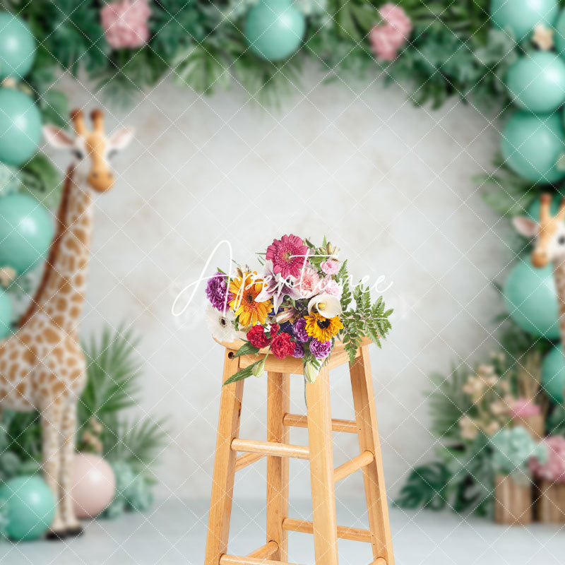 Aperturee - Aperturee Safari Giraffe Green Balloons Cake Smash Backdrop