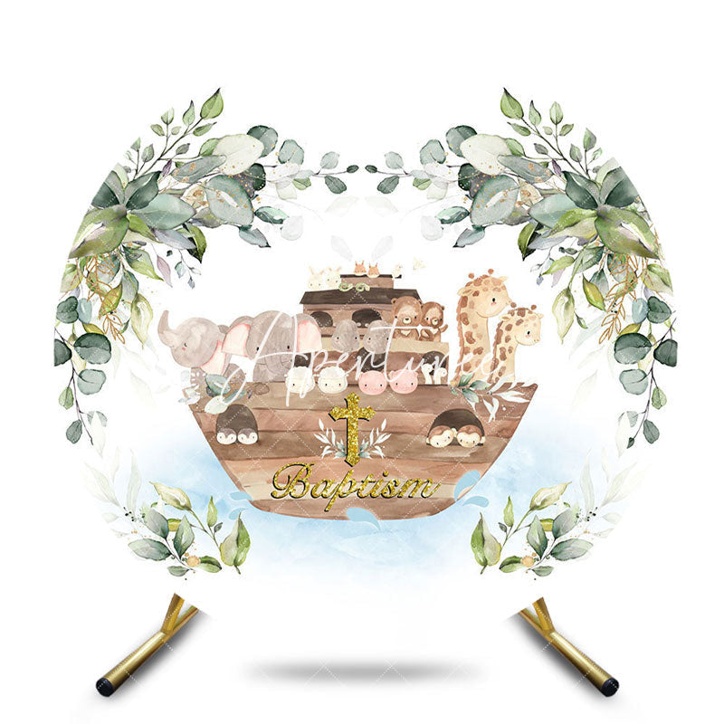 Aperturee - Aperturee Safari Noahs Ark Leaves Round Baptism Party Backdrop