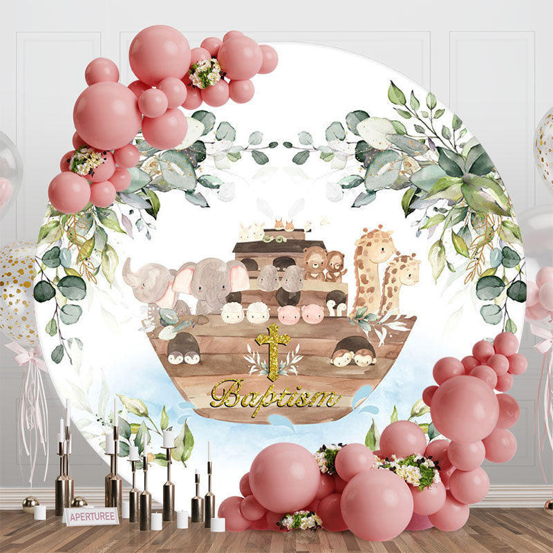 Aperturee - Aperturee Safari Noahs Ark Leaves Round Baptism Party Backdrop