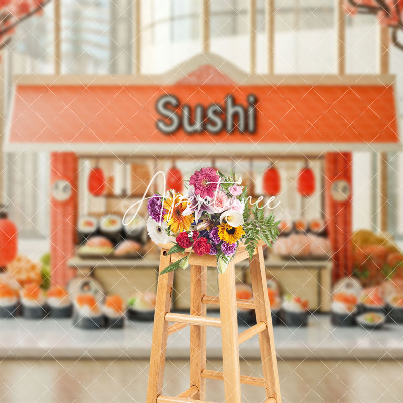 Aperturee - Aperturee Sakura Tree Orange Sushi Store Cake Smash Backdrop