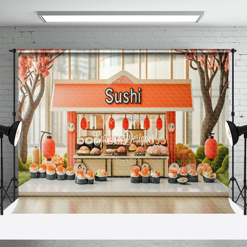 Aperturee - Aperturee Sakura Tree Orange Sushi Store Cake Smash Backdrop