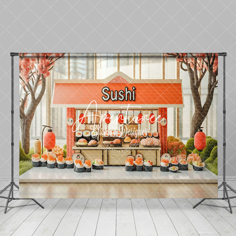 Aperturee - Aperturee Sakura Tree Orange Sushi Store Cake Smash Backdrop