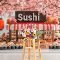 Aperturee - Aperturee Sakura Trees Cute Sushi Store Cake Smash Backdrop