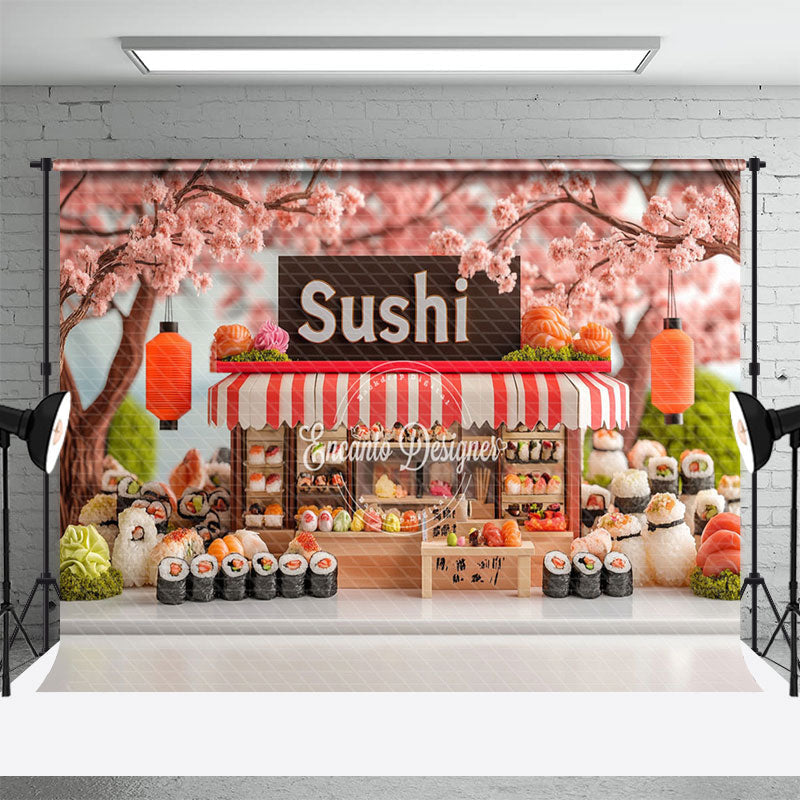 Aperturee - Aperturee Sakura Trees Cute Sushi Store Cake Smash Backdrop