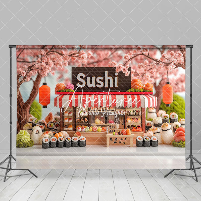 Aperturee - Aperturee Sakura Trees Cute Sushi Store Cake Smash Backdrop