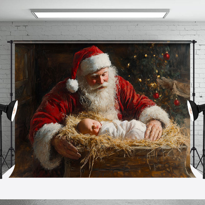 Aperturee - Aperturee Santa Claus Retro Hay Tub Nativity Christmas Backdrop