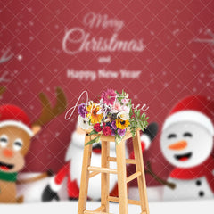 Aperturee - Aperturee Santa Claus Snowman Elk Red Snowy Christmas Backdrop