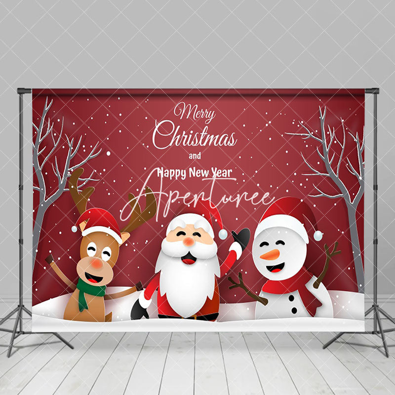 Aperturee - Aperturee Santa Claus Snowman Elk Red Snowy Christmas Backdrop