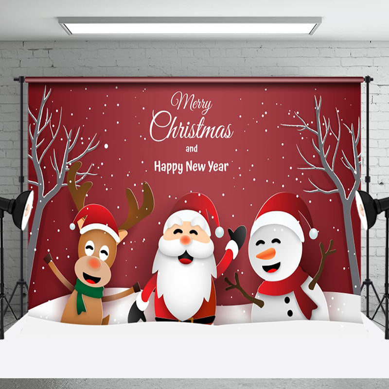 Aperturee - Aperturee Santa Claus Snowman Elk Red Snowy Christmas Backdrop