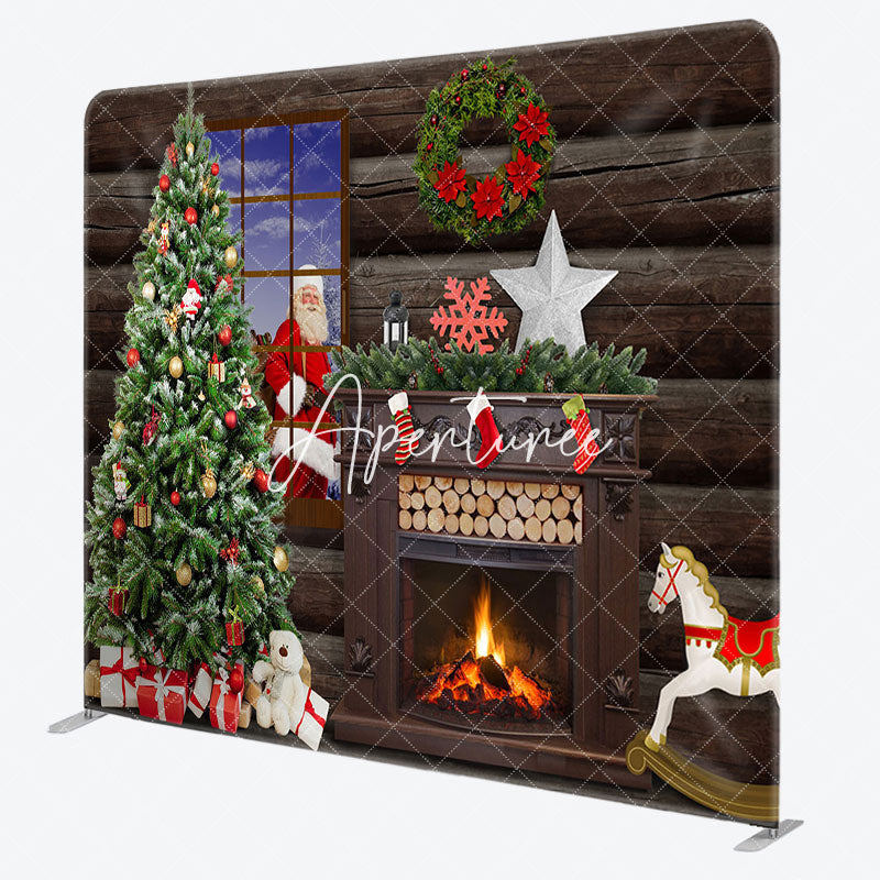 Aperturee - Aperturee Santa Claus Wood House Christmas Tension Fabric Backdrop