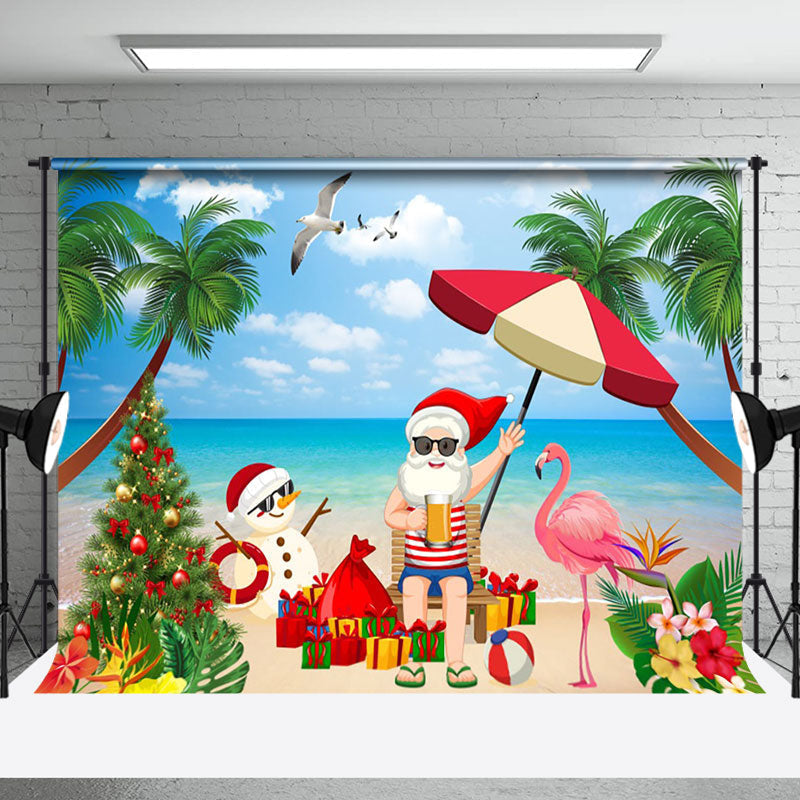 Aperturee - Aperturee Santa Flamingo Sand Beach Christmas In July Backdrop